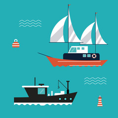 boat ship sea ocen transportation icon. Colorful and flat design. Blue background. Vector illustration
