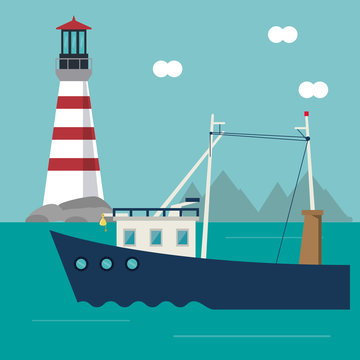 boat cloud lighthouse ship sea ocen transportation icon. Colorful and flat design. Blue background. Vector illustration