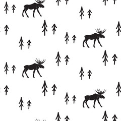 Scandinavian simple style black and white deer seamless pattern. Deers and pines monochrome silhouette pattern.