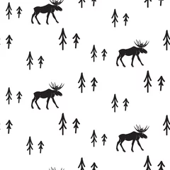 Zelfklevend behang Scandinavische stijl Scandinavische eenvoudige stijl zwart-wit herten naadloos patroon. Herten en dennen zwart-wit silhouet patroon.