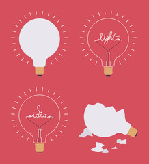 Set of four light bulbs against crimson background. Lit, broken, with a word idea, light. Consept cartoon flat-style illustration.
