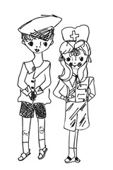 Childish drawing cartoon boy and girl. Little captain and the little doctor. Vector illustration.