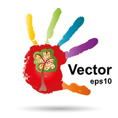 Vector conceptual children painted hand print and tree isolated