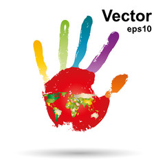 Vector onceptual children painted hand print and map isolated