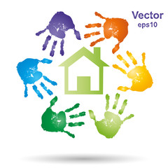 Vector conceptual children painted hand print and house symbol isolated on white background