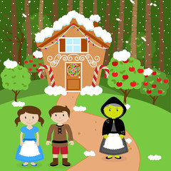 Obraz na płótnie Canvas Fairytale Vector Background with Hansel and Gretel, the Witch and Her Gingerbread House in a Forest