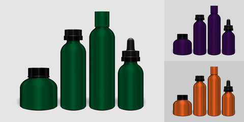 Green, violet, orange aluminum bottle set Packaging Mock up set ready for your design
