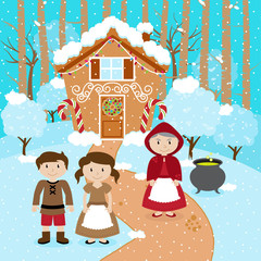 Fairy Tale Vector Scene with Hansel and Gretel, the Witch, and a Holiday Gingerbread House - 119369514