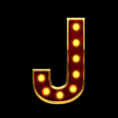 j isolated golden letter with lights on black. 3d illustration