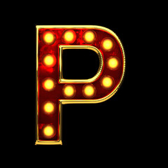 p isolated golden letter with lights on black. 3d illustration - obrazy, fototapety, plakaty