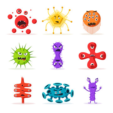 Set of bacteria characters. Cartoon vector illustration. Microbiology