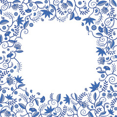 Floral border pattern with blue flowers, leaves, curles and other elements