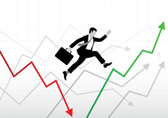 Obraz premium Business man with case jumping on chart lines