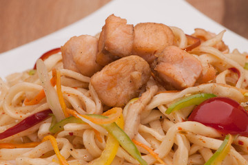 dish of noodles with meat closeup