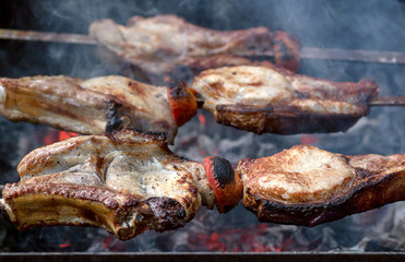 skewers fire-roasted meat with tomatoes embers and smoke