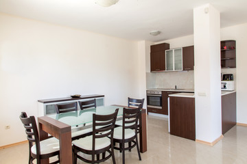 Modern kitchen interior with dinning room. Interior photography.