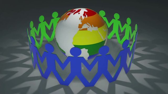 Pride World - paper chain people holding hands around rainbow coloured Earth