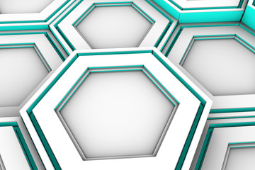 Abstract background made of white hexagons with cyan glowing sides, wall of hexagons, 3d render illustration