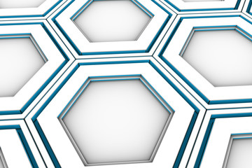 Abstract background made of white hexagons with light blue glowing sides, wall of hexagons, 3d render illustration