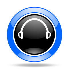 headphones blue and black web glossy round icon