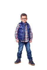 Naklejka premium Boy in autumn clothes posing on white background.