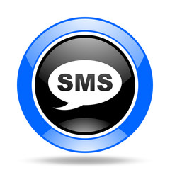 sms blue and black web glossy round icon