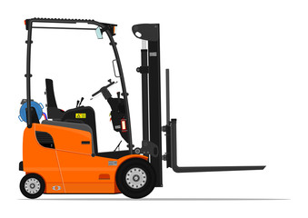 Orange propane counterbalance forklift on a white background. Flat vector