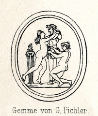 Engraved carnelian gem by Giovanni Pichler - Two nymphs crowned Pan's sculpture (from Meyers Lexikon, 1895, 7/286-7)