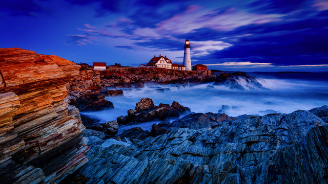 Portland Head Light At Sunrise After The Storm.  Still In The Blue Hour