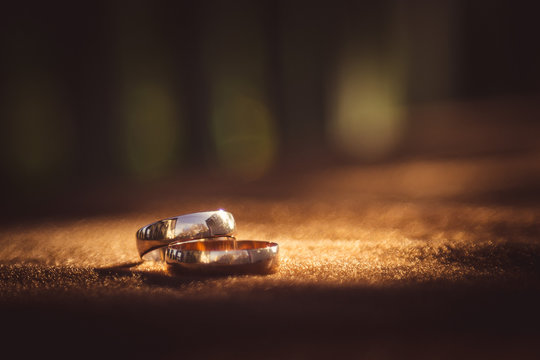 Blurred picture of sparkling wedding rings lying on the brown cl