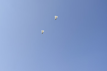 Two badminton balls flying in the blue sky