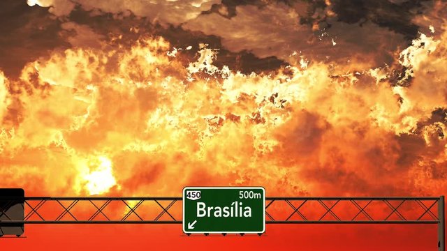 Passing Brasilia Brazil Highway Sign in the Sunset