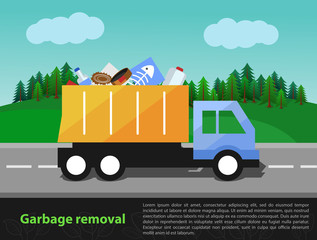 Vector illustration of garbage truck on the way. Trash removal and eco theme with the space for text entry.