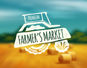 Farmer's market label against farm background