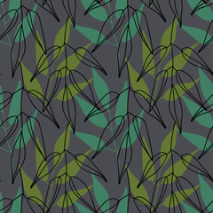 Background with leaves. Vector texture with hand drawn leaves and plants. Vector pattern. Stylised flat different kind of leaves, natural background.