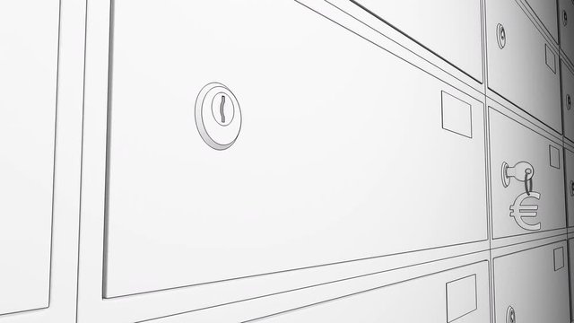 Bank safe deposit boxes and the key with euro sign keychain. 4K sketch animation, white background