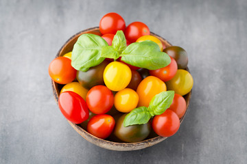Tomatoes on the gray background. Colorful tomatoes, red tomatoes