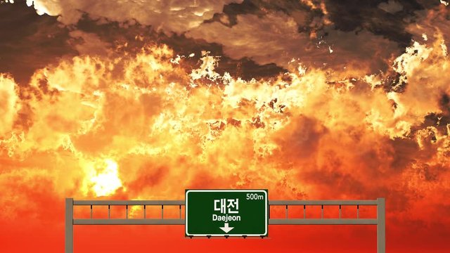 Passing Daejeon South Korea Highway Sign in the Sunset