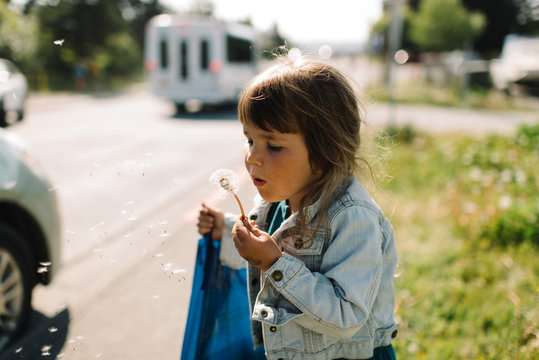 Young girl blowing a dandelion 