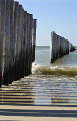 background of empty beach at the coastline of the sea with a row of poles in the surf water