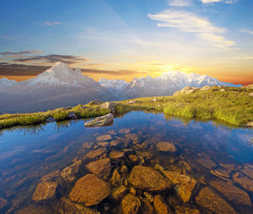 Fantastic sunrise on Mont Blanc in the French Alps, Europe. (Lan