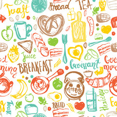 Breakfast seamless pattern with bread, porridge, coffee, eggs and lettering. Can be used for menu, banner, background and site header.
