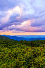 Fototapeta premium Picturesque and dramatic Carpathian mountains landscape, sunset evening time, Ukraine.