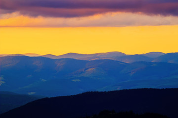 Picturesque and dramatic Carpathian mountains landscape, sunset evening time, Ukraine.