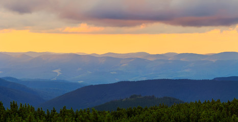 Plakat Picturesque and dramatic Carpathian mountains landscape, sunset evening time, panorama view, Ukraine.