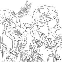 Stylized dragonfly and poppy flowers. Freehand sketch for adult anti stress coloring book page with doodle and zentangle elements.