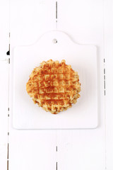 waffles for breakfast on white wooden background top view flat style overhead