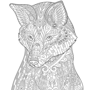 Stylized fox (wolf or dog), isolated on white background. Freehand sketch for adult anti stress coloring book page with doodle and zentangle elements.