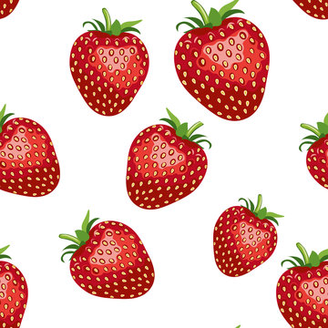 Pattern of realistic image of delicious big strawberries different sizes. White background