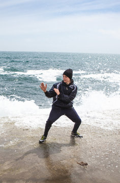 Young boy training karate